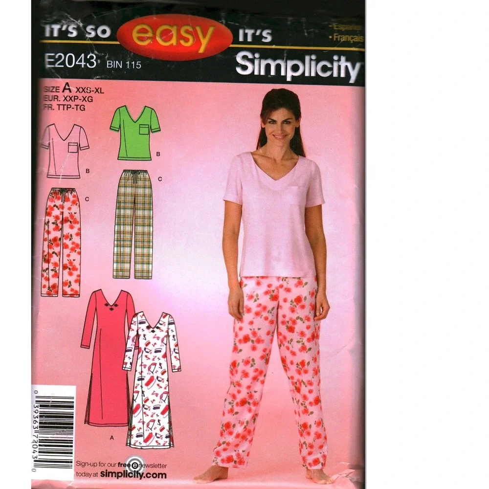Simplicity E2043 It's So Easy Sewing Pattern Misses Nightgown Top Pants XXS-S
